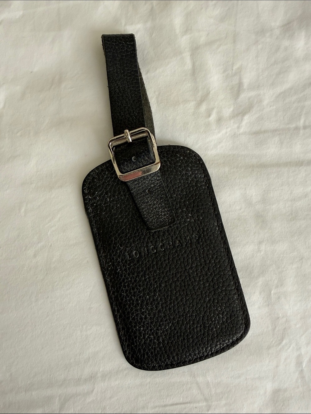 Longchamp Black Textured Leather Luggage Tag with Buckle Strap